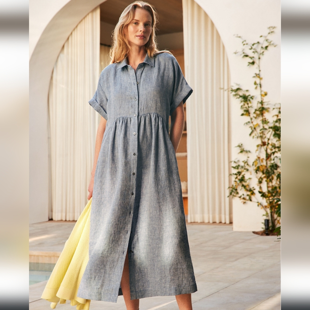 Haven Well Within Linen Button Front Midi Dress Chambray Blue